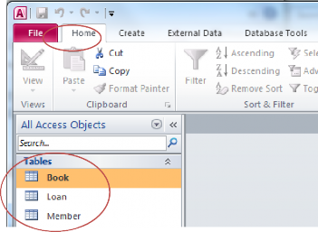 Displaying the Access tables in the Home tab.