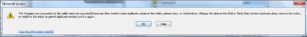 MS Access message for duplicate primary key