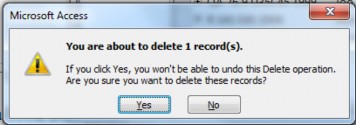 Microsoft Access dialog box message displaying "You are about to delete 1 record(s)".