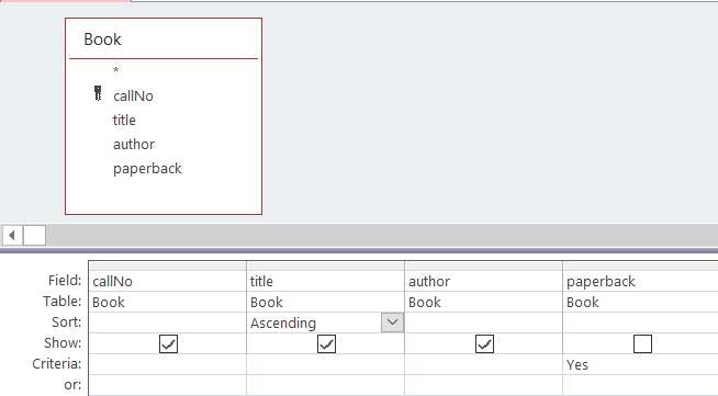 Query design sorting title field in ascending order without displaying paperback field.