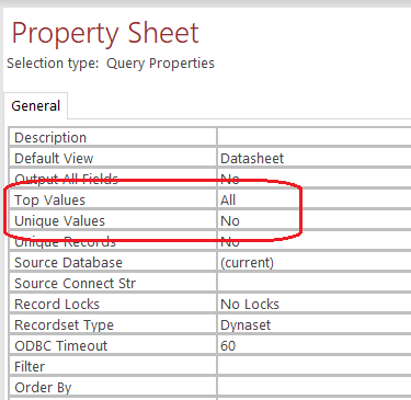 Displaying Query Property Sheet