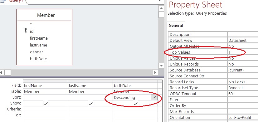 Displaying youngest member in query setting the Top Values property to 1.