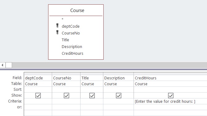 Parameter query designed in the Criteria line for credit-Hours.