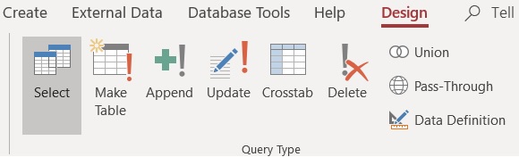 Types of Microsoft Access Action Query types.