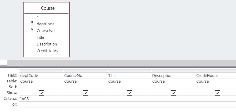 Begin by creating a select query to display ACS courses.