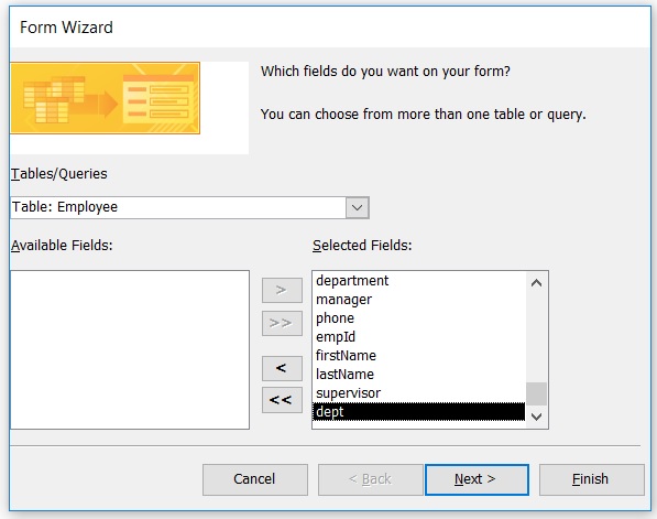 Form Wizard - Selecting fields from Employee and Department tables