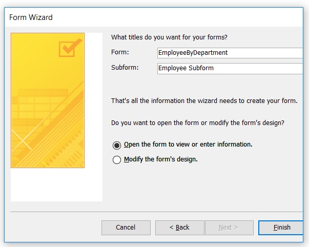 Form Wizard: naming form and subform