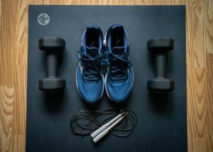 athletic shoes, weights, jumping rope