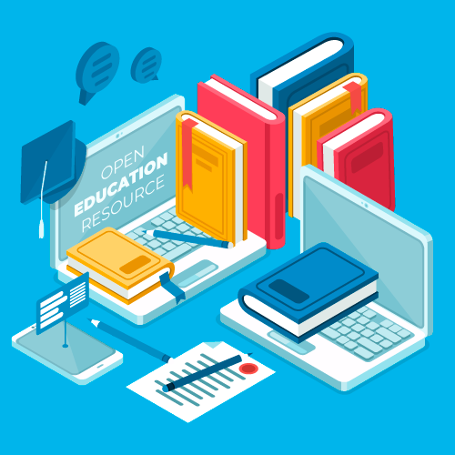 Isometric vector illustration of educational books, documents, laptop computers, and a tablet