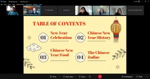 image of a virtual meeting room with poster describing lunar new year holiday