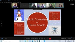 image of virtual meeting room with poster of snowman and snow angel
