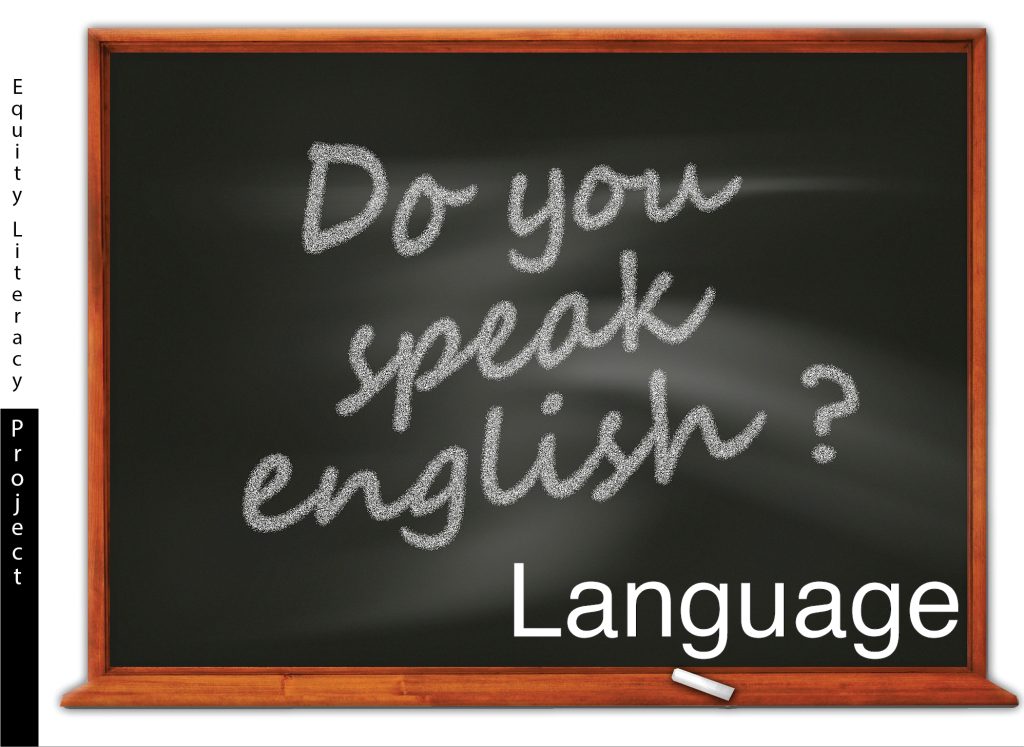 Wood framed chalkboard with the words “Do you speak english” written cursively in chalk on the blackboard. The word Language is captioned at the bottom right corner over the chalk board in a bold white text.
