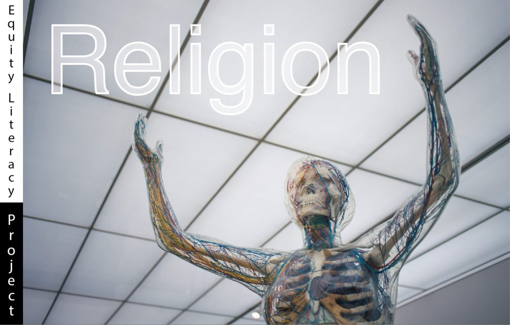 A scientific anatomical human figure with transparent skin revealing its skeletal and nervous system shown torso up from a low angle. The figure stands off-center right while both arms are raised and head facing left. The word Religion in white transparent text and a bold white outline is positioned top left and ends within the figures raised arms. The background is sterile clean while showing geometric rectangular ceiling panel lighting.